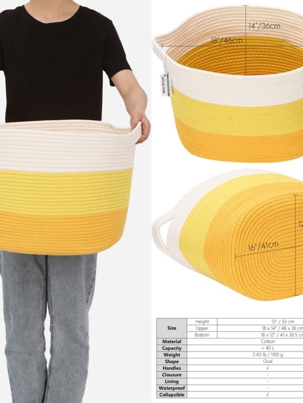 Striped Yellow Cotton Tote - Laundry Basket - Colorblock Toy Organizer NWT
